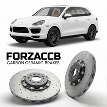 ForzaCCB direct OEM replacement carbon ceramic brake rotors for 2011 to 2018 Porsche Cayenne Turbo 958 models, shown with a white Porsche Cayenne Turbo car.