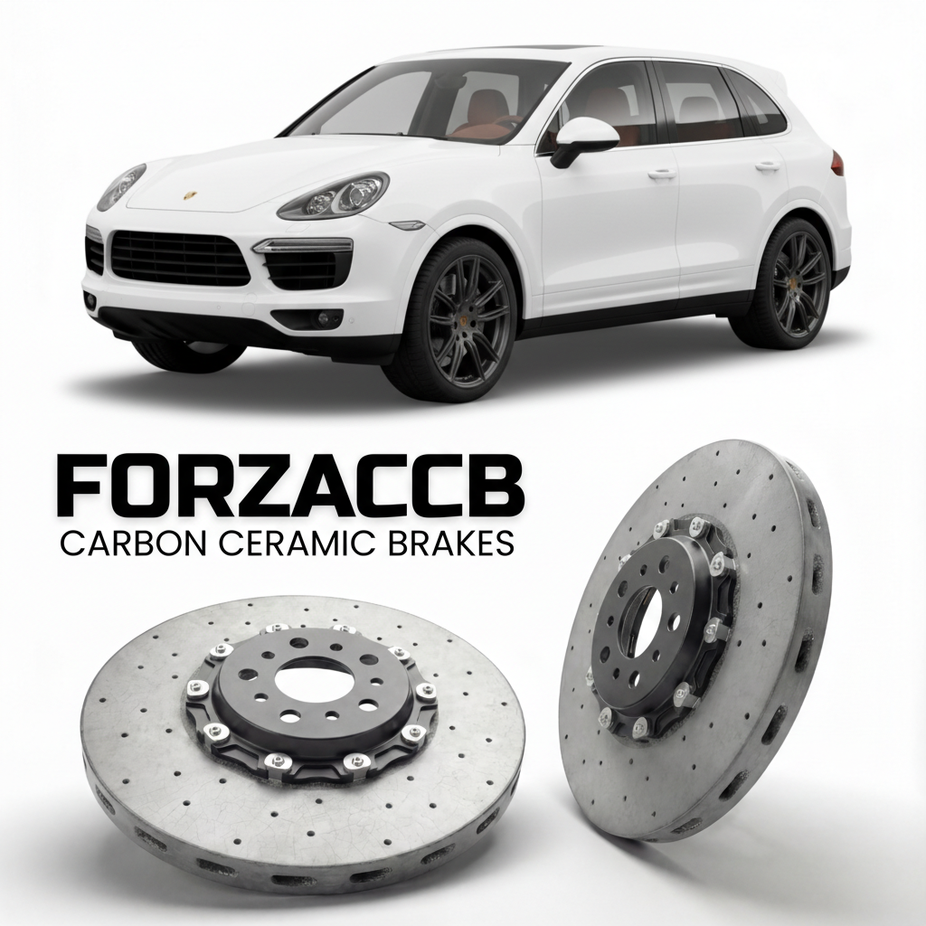 ForzaCCB direct OEM replacement carbon ceramic brake rotors for 2011 to 2018 Porsche Cayenne Turbo 958 models, shown with a white Porsche Cayenne Turbo car.