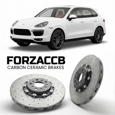 ForzaCCB direct OEM replacement carbon ceramic brake rotors for 2011 to 2018 Porsche Cayenne Turbo 958 models, shown with a white Porsche Cayenne Turbo car.
