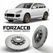 ForzaCCB direct OEM replacement carbon ceramic brake rotors for 2006 to 2010 Porsche Cayenne Turbo S 955/957 models, shown with a white Porsche Cayenne Turbo S car.
