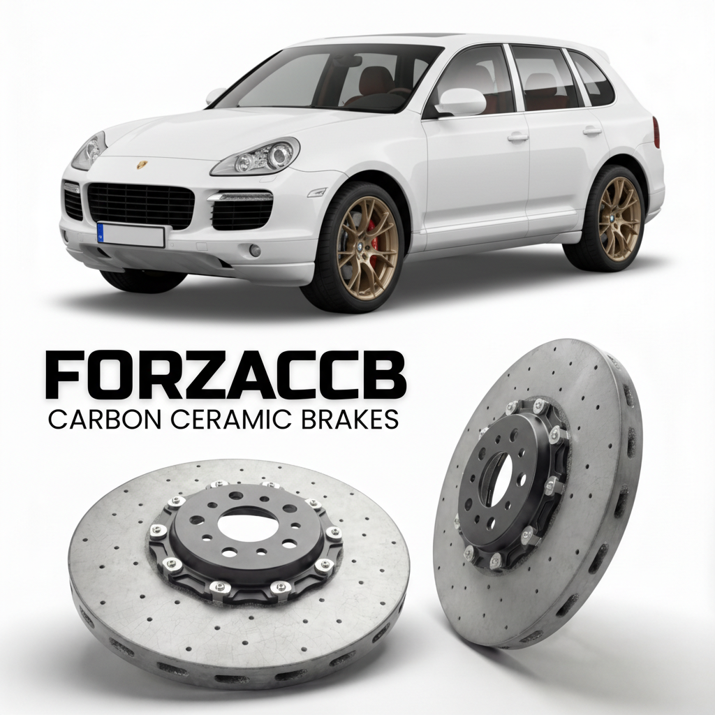 ForzaCCB direct OEM replacement carbon ceramic brake rotors for 2006 to 2010 Porsche Cayenne Turbo S 955/957 models, shown with a white Porsche Cayenne Turbo S car.