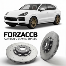 ForzaCCB direct OEM replacement carbon ceramic brake rotors for 2020 and newer Porsche Cayenne Turbo S E-Hybrid 9Y0 models, shown with a white Porsche Cayenne Turbo S E-Hybrid car.