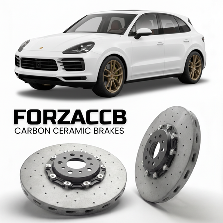 ForzaCCB direct OEM replacement carbon ceramic brake rotors for 2020 and newer Porsche Cayenne Turbo S E-Hybrid 9Y0 models, shown with a white Porsche Cayenne Turbo S E-Hybrid car.