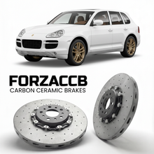 ForzaCCB direct OEM replacement carbon ceramic brake rotors for 2004 to 2006 Porsche Cayenne V6 955 models, shown with a white Porsche Cayenne V6 car.