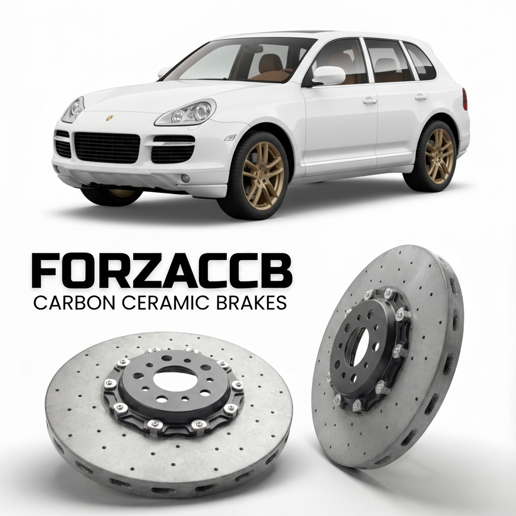 ForzaCCB direct OEM replacement carbon ceramic brake rotors for 2004 to 2006 Porsche Cayenne V6 955 models, shown with a white Porsche Cayenne V6 car.