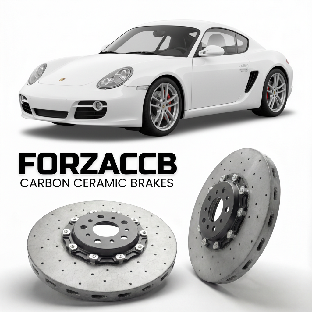 ForzaCCB direct OEM replacement carbon ceramic brake rotors for 2005 to 2012 Porsche Cayman 987 models, shown with a white Porsche Cayman car.