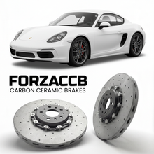 ForzaCCB direct OEM replacement carbon ceramic brake rotors for 2013 to 2016 Porsche Cayman 981 models, shown with a white Porsche Cayman car.