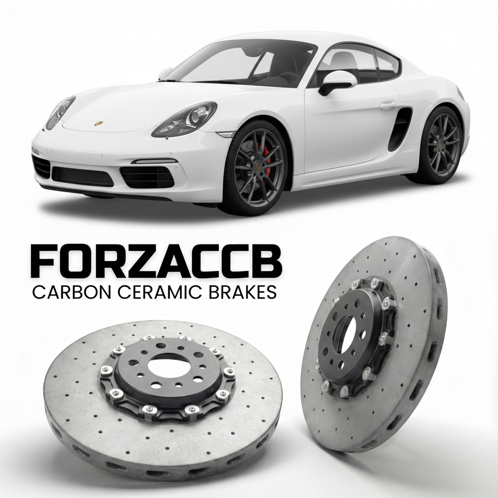 ForzaCCB direct OEM replacement carbon ceramic brake rotors for 2013 to 2016 Porsche Cayman 981 models, shown with a white Porsche Cayman car.