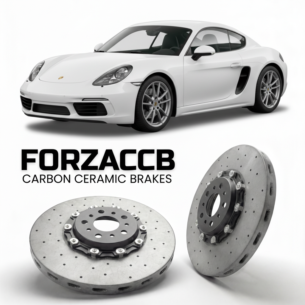 ForzaCCB direct OEM replacement carbon ceramic brake rotors for 2017 and newer Porsche Cayman 982 models, shown with a white Porsche Cayman car.