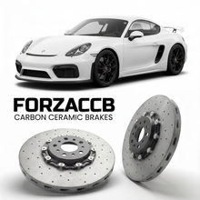 ForzaCCB direct OEM replacement carbon ceramic brake rotors for 2016 Porsche Cayman GT4 981 models, shown with a white Porsche Cayman GT4 car.