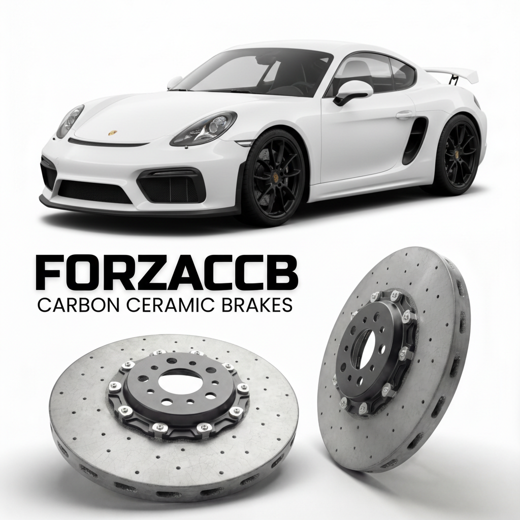 ForzaCCB direct OEM replacement carbon ceramic brake rotors for 2016 Porsche Cayman GT4 981 models, shown with a white Porsche Cayman GT4 car.