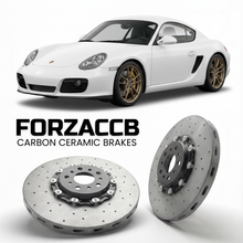 ForzaCCB direct OEM replacement carbon ceramic brake rotors for 2011 to 2012 Porsche Cayman R 987 models, shown with a white Porsche Cayman R car.