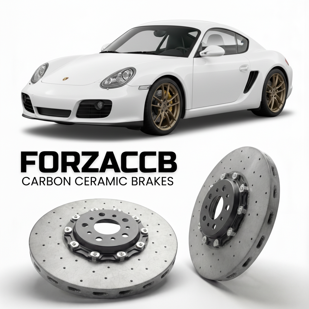 ForzaCCB direct OEM replacement carbon ceramic brake rotors for 2011 to 2012 Porsche Cayman R 987 models, shown with a white Porsche Cayman R car.