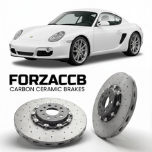 ForzaCCB direct OEM replacement carbon ceramic brake rotors for 2005 to 2012 Porsche Cayman S 987 models, shown with a white Porsche Cayman S car.