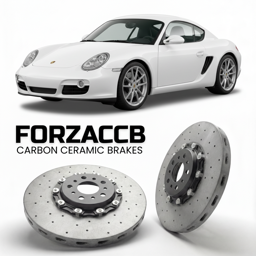ForzaCCB direct OEM replacement carbon ceramic brake rotors for 2005 to 2012 Porsche Cayman S 987 models, shown with a white Porsche Cayman S car.