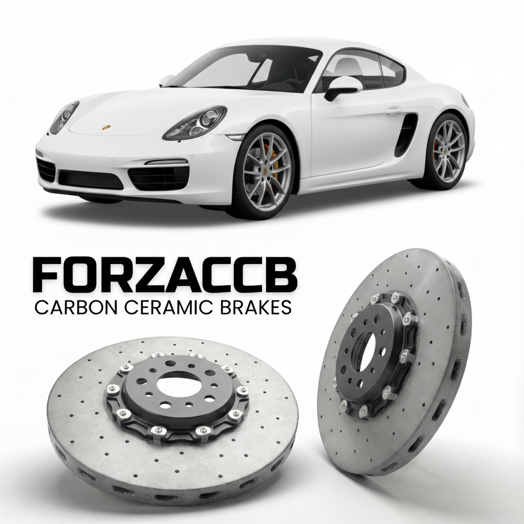 ForzaCCB direct OEM replacement carbon ceramic brake rotors for 2013 to 2016 Porsche Cayman S models, shown with a white Porsche Cayman S car.