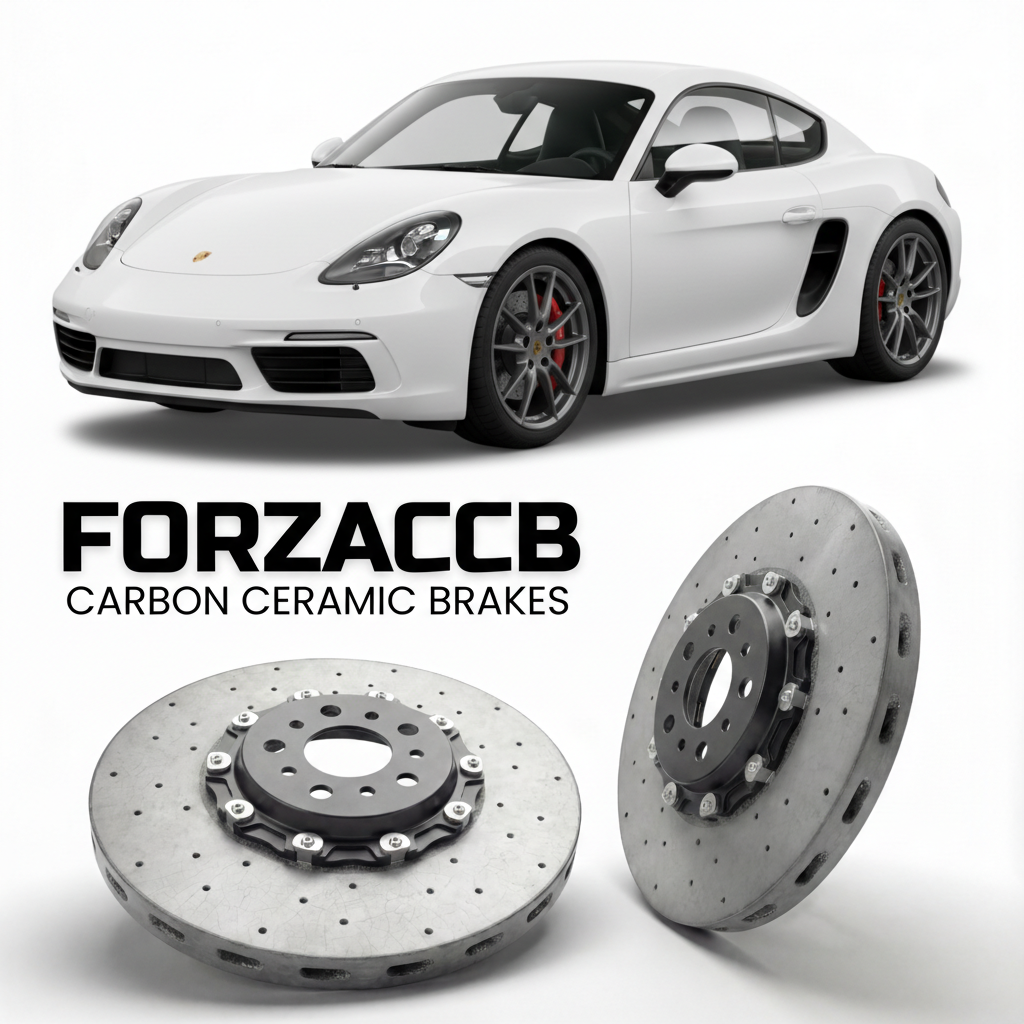 ForzaCCB direct OEM replacement carbon ceramic brake rotors for 2017 and newer Porsche Cayman S 982 models, shown with a white Porsche Cayman S car.
