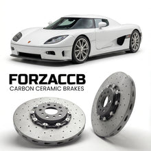 ForzaCCB direct OEM replacement carbon ceramic brake rotors for 2005 to 2006 Koenigsegg CC Koenigsegg CCR models, shown with a white Koenigsegg CC car.