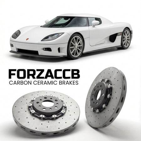 ForzaCCB direct OEM replacement carbon ceramic brake rotors for 2005 to 2006 Koenigsegg CC Koenigsegg CCR models, shown with a white Koenigsegg CC car.