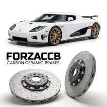 ForzaCCB direct OEM replacement carbon ceramic brake rotors for 2006 to 2010 Koenigsegg CC Koenigsegg CCX models, shown with a white Koenigsegg CC car.
