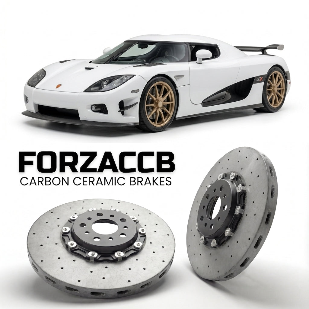 ForzaCCB direct OEM replacement carbon ceramic brake rotors for 2006 to 2010 Koenigsegg CC Koenigsegg CCX models, shown with a white Koenigsegg CC car.