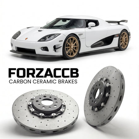 ForzaCCB direct OEM replacement carbon ceramic brake rotors for 2006 to 2010 Koenigsegg CC Koenigsegg CCX models, shown with a white Koenigsegg CC car.