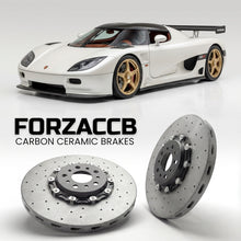 ForzaCCB direct OEM replacement carbon ceramic brake rotors for 2007 to 2010 Koenigsegg CC Koenigsegg CCGT models, shown with a white Koenigsegg CC car.