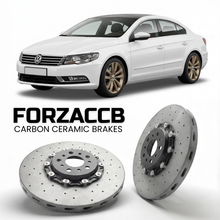 ForzaCCB direct OEM replacement carbon ceramic brake rotors for 2012 to 2016 Volkswagen CC Typ 358 models, shown with a white Volkswagen CC car.