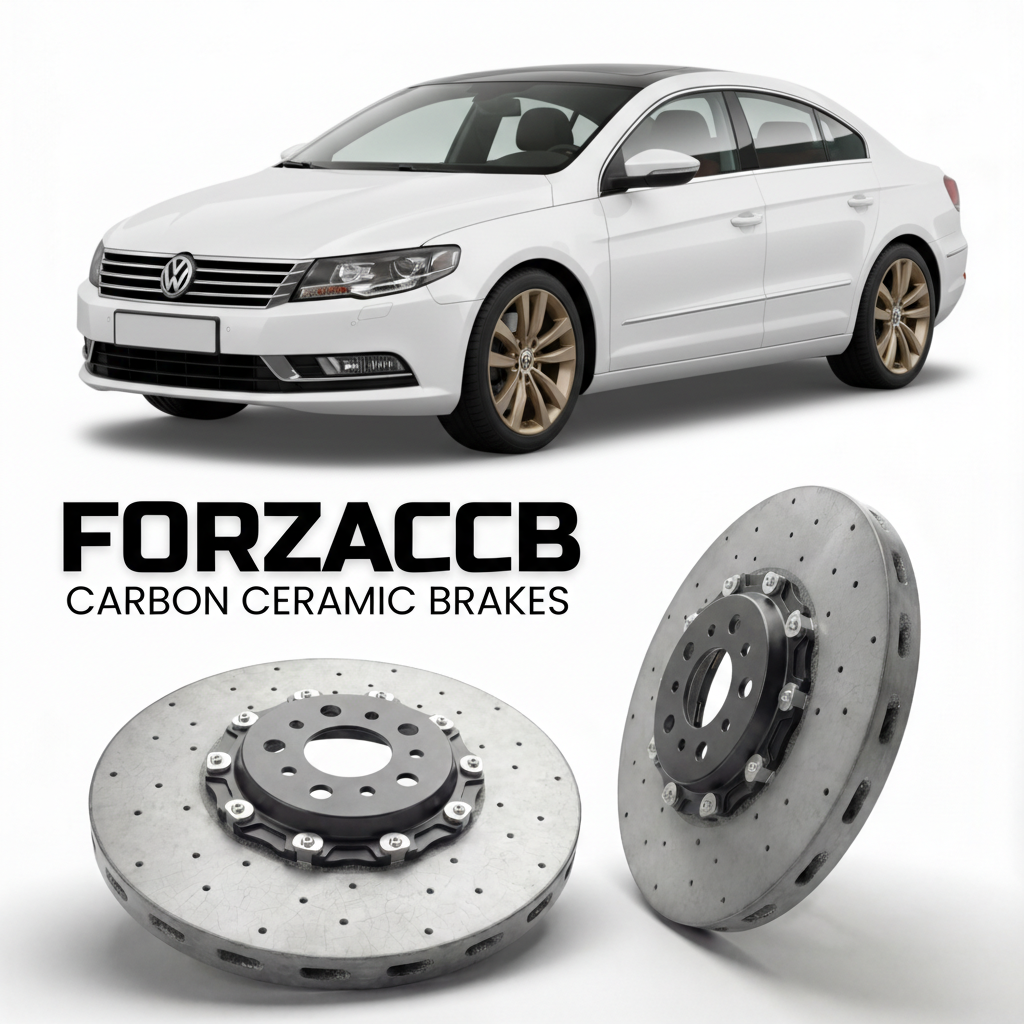 ForzaCCB direct OEM replacement carbon ceramic brake rotors for 2012 to 2016 Volkswagen CC Typ 358 models, shown with a white Volkswagen CC car.