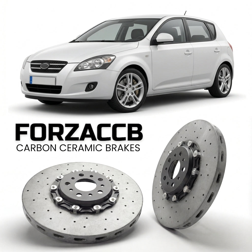 ForzaCCB direct OEM replacement carbon ceramic brake rotors for 2007 to 2009 Kia Cee'd models, shown with a white Kia Cee'd car.