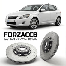 ForzaCCB direct OEM replacement carbon ceramic brake rotors for 2007 to 2009 Kia Cee'd models, shown with a white Kia Cee'd car.
