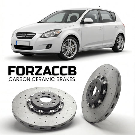 ForzaCCB direct OEM replacement carbon ceramic brake rotors for 2007 to 2009 Kia Cee'd models, shown with a white Kia Cee'd car.