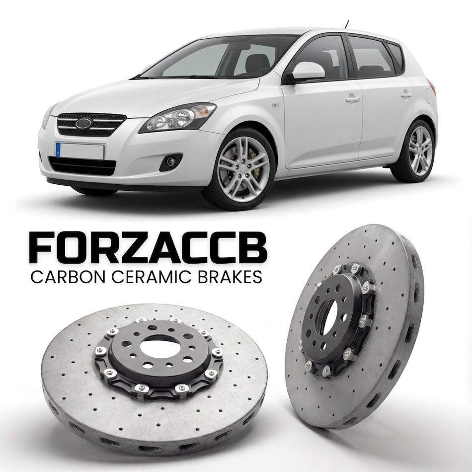 ForzaCCB direct OEM replacement carbon ceramic brake rotors for 2007 to 2009 Kia Cee'd models, shown with a white Kia Cee'd car.