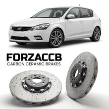 ForzaCCB direct OEM replacement carbon ceramic brake rotors for 2009-2012) Kia Cee'd I (facelift 2009 models, shown with a white Kia Cee'd car.
