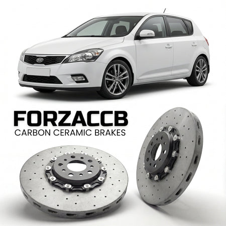 ForzaCCB direct OEM replacement carbon ceramic brake rotors for 2009-2012) Kia Cee'd I (facelift 2009 models, shown with a white Kia Cee'd car.