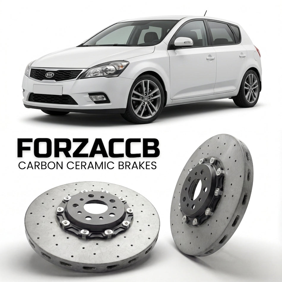 ForzaCCB direct OEM replacement carbon ceramic brake rotors for 2009-2012) Kia Cee'd I (facelift 2009 models, shown with a white Kia Cee'd car.