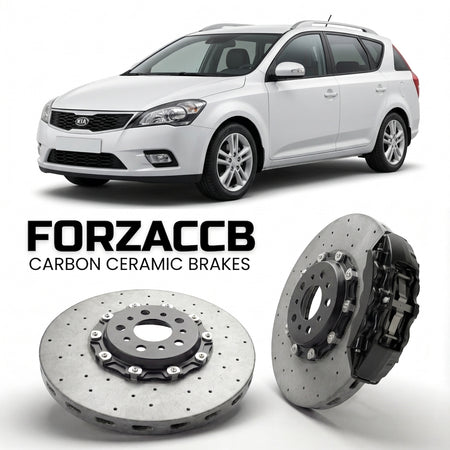 ForzaCCB direct OEM replacement carbon ceramic brake rotors for 2009-2012) Kia Cee'd SW I (facelift 2009 models, shown with a white Kia Cee'd car.