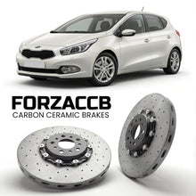 ForzaCCB direct OEM replacement carbon ceramic brake rotors for 2012 to 2015 Kia Cee'd II models, shown with a white Kia Cee'd car.