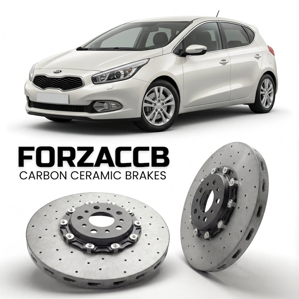 ForzaCCB direct OEM replacement carbon ceramic brake rotors for 2012 to 2015 Kia Cee'd II models, shown with a white Kia Cee'd car.