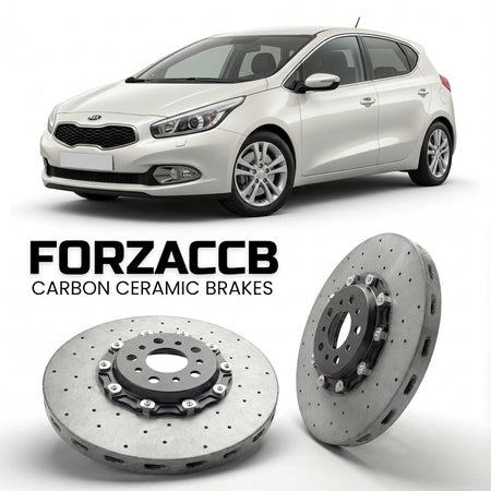 ForzaCCB direct OEM replacement carbon ceramic brake rotors for 2012 to 2015 Kia Cee'd II models, shown with a white Kia Cee'd car.