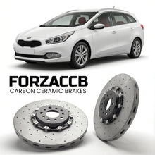 ForzaCCB direct OEM replacement carbon ceramic brake rotors for 2012 to 2015 Kia Cee'd SW II models, shown with a white Kia Cee'd car.