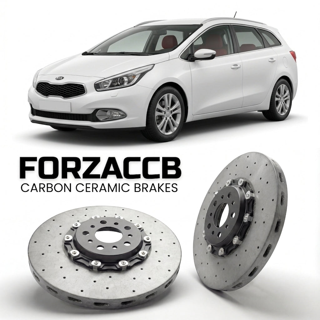 ForzaCCB direct OEM replacement carbon ceramic brake rotors for 2012 to 2015 Kia Cee'd SW II models, shown with a white Kia Cee'd car.