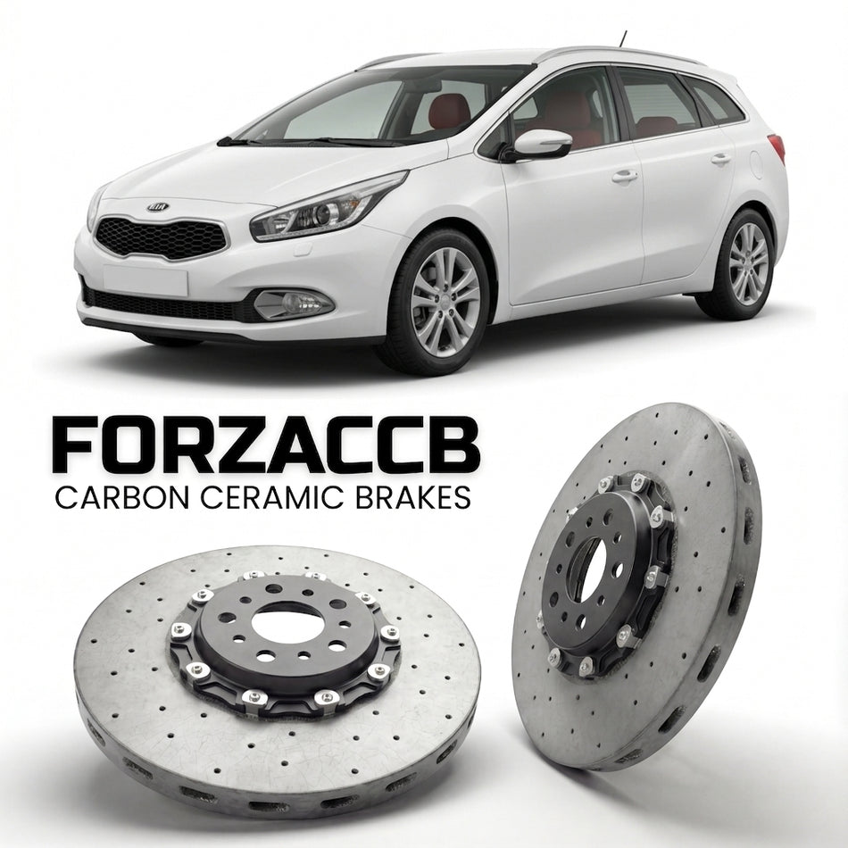 ForzaCCB direct OEM replacement carbon ceramic brake rotors for 2012 to 2015 Kia Cee'd SW II models, shown with a white Kia Cee'd car.