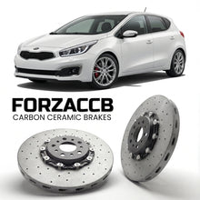 ForzaCCB direct OEM replacement carbon ceramic brake rotors for 2015-2018) Kia Cee'd II (facelift 2015 models, shown with a white Kia Cee'd car.