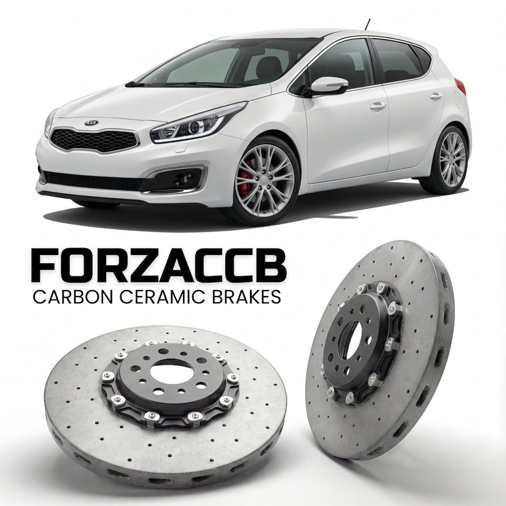 ForzaCCB direct OEM replacement carbon ceramic brake rotors for 2015-2018) Kia Cee'd II (facelift 2015 models, shown with a white Kia Cee'd car.