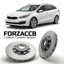 ForzaCCB direct OEM replacement carbon ceramic brake rotors for 2015-2018) Kia Cee'd SW II (facelift 2015 models, shown with a white Kia Cee'd car.