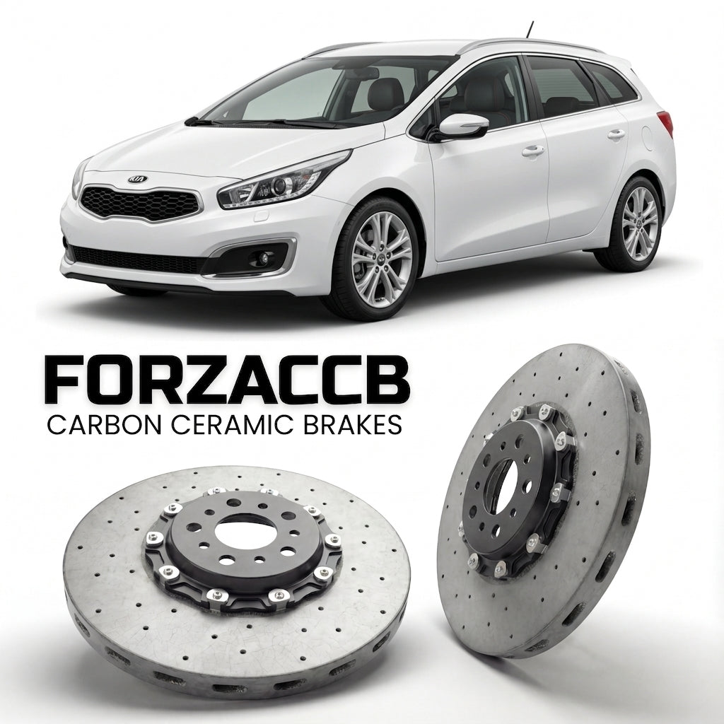 ForzaCCB direct OEM replacement carbon ceramic brake rotors for 2015-2018) Kia Cee'd SW II (facelift 2015 models, shown with a white Kia Cee'd car.