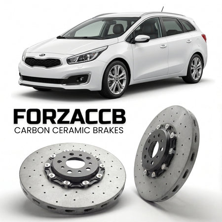 ForzaCCB direct OEM replacement carbon ceramic brake rotors for 2015-2018) Kia Cee'd SW II (facelift 2015 models, shown with a white Kia Cee'd car.