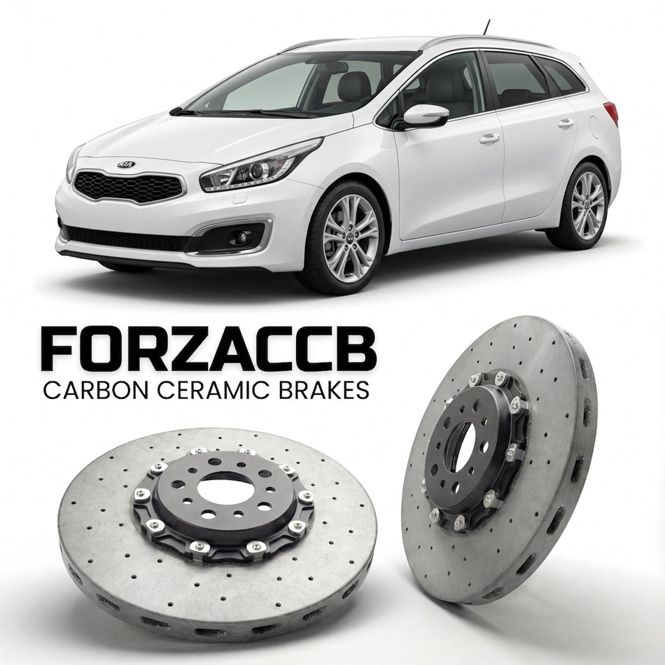 ForzaCCB direct OEM replacement carbon ceramic brake rotors for 2015-2018) Kia Cee'd SW II (facelift 2015 models, shown with a white Kia Cee'd car.