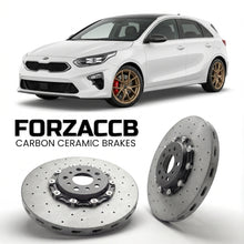 ForzaCCB direct OEM replacement carbon ceramic brake rotors for 2018 to 2021 Kia Cee'd Kia Ceed III models, shown with a white Kia Cee'd car.
